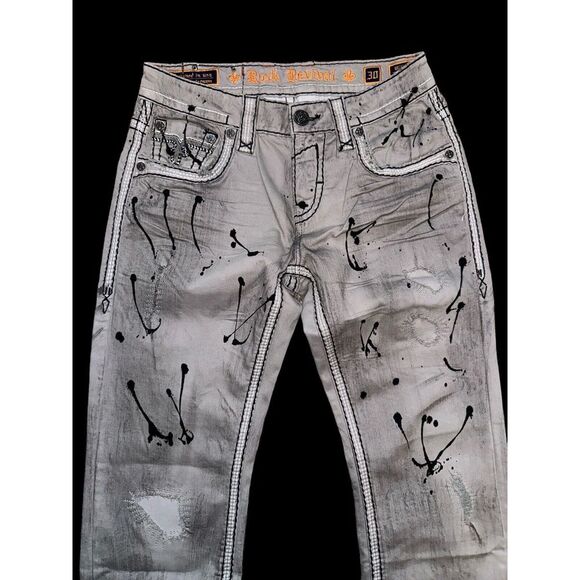 Rock Revival Jeans Mens Size 30/30 Wilkins-J401  Straight‎ Gray Paint Splatter - Picture 7 of 14
